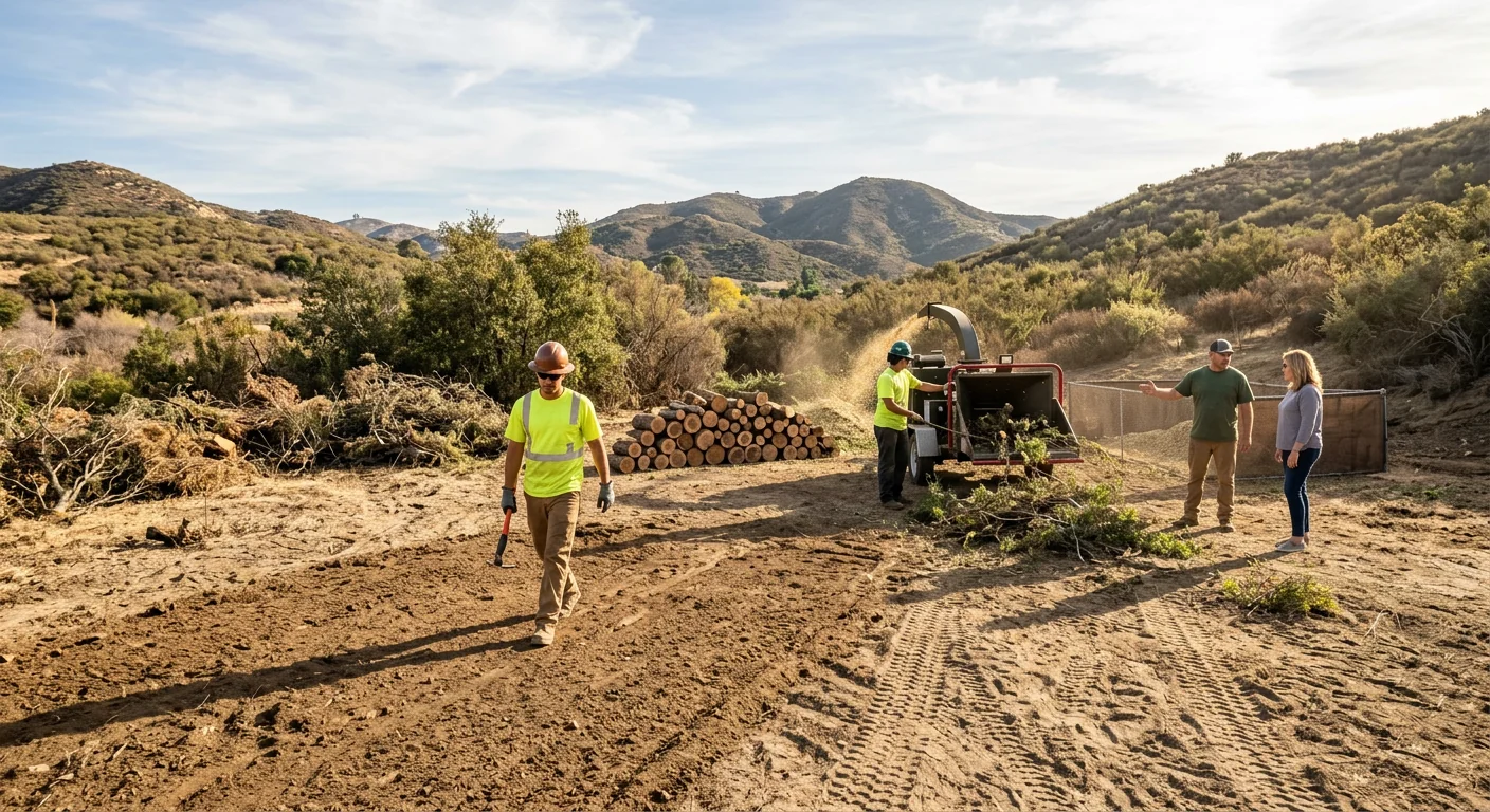 Wide shot of a Castaic yard cleared of storm debris and staged wood