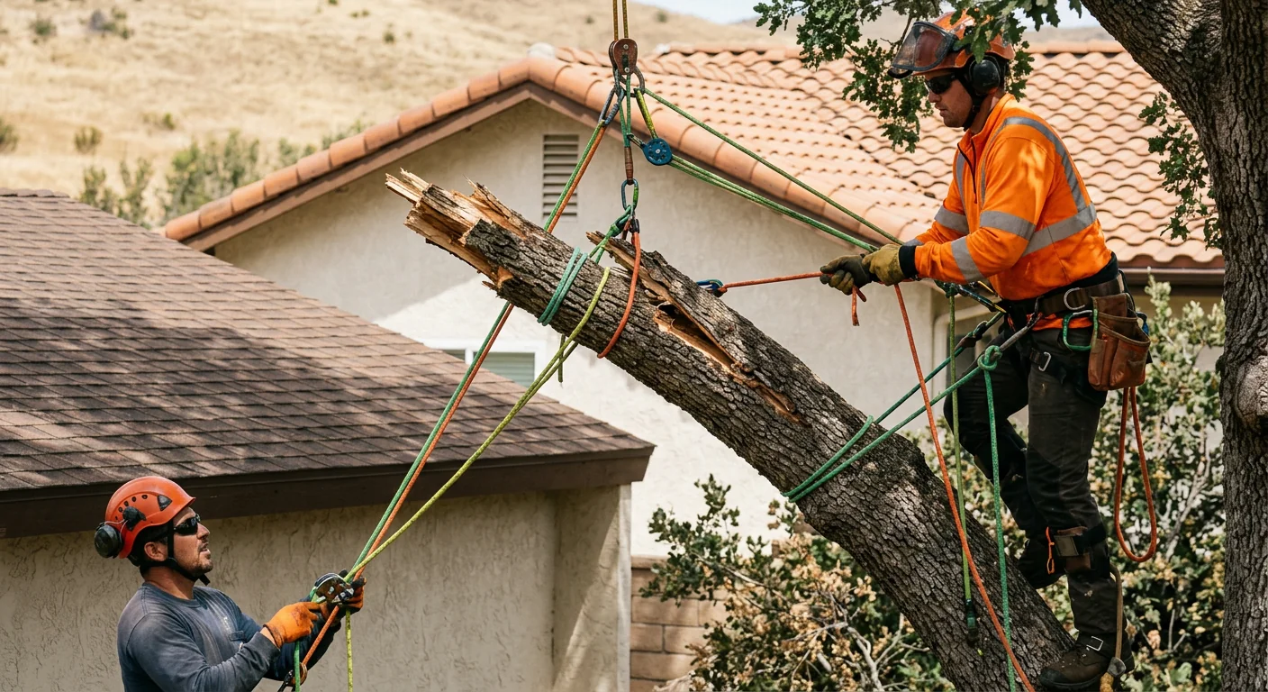 Close-up of a split leader being lowered with rigging lines near a roofline