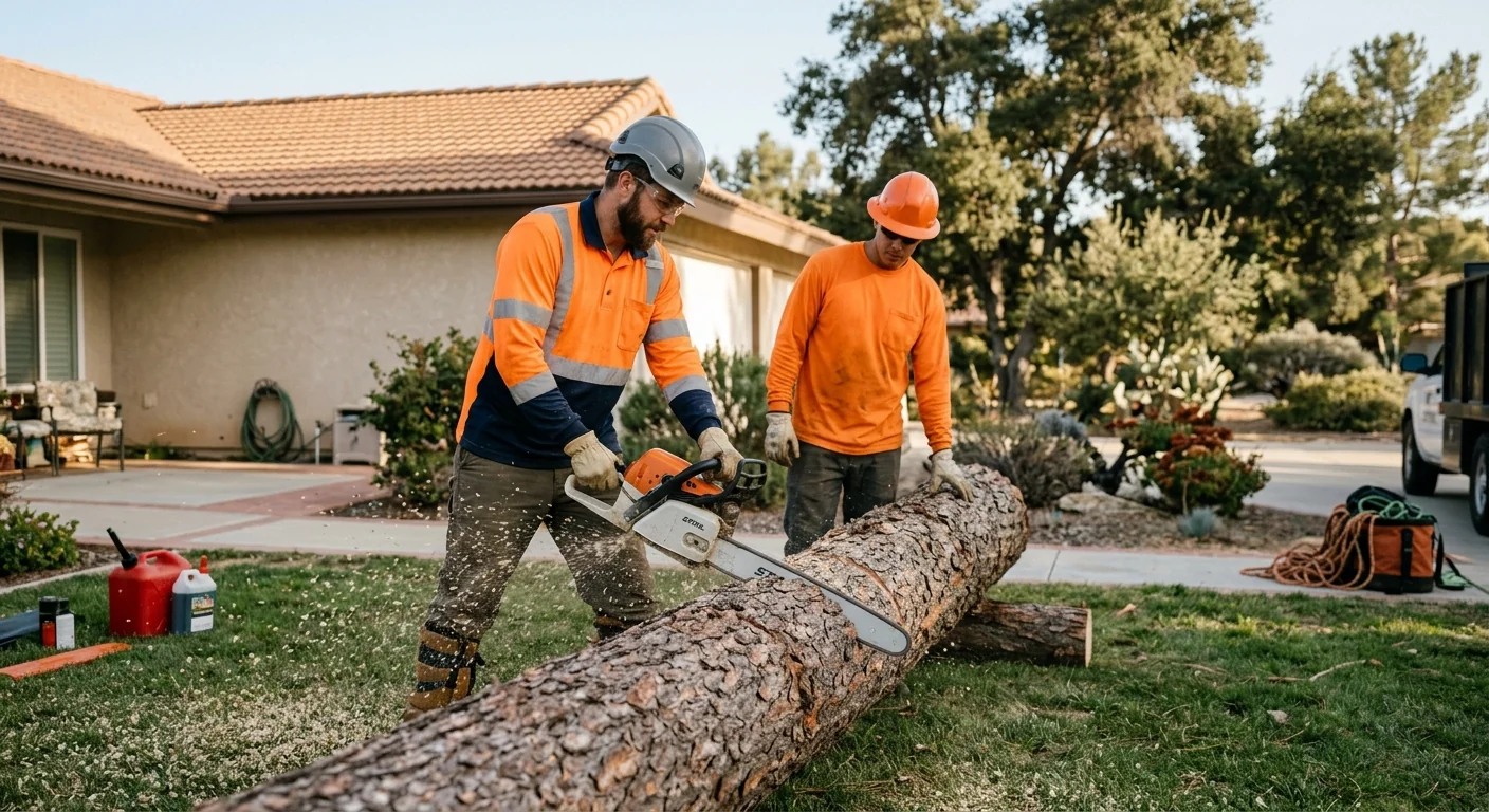 Crew sectioning a large fallen trunk into manageable pieces for removal