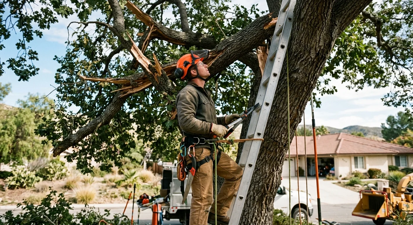 Technician inspecting broken limbs caught in a tree canopy after high winds
