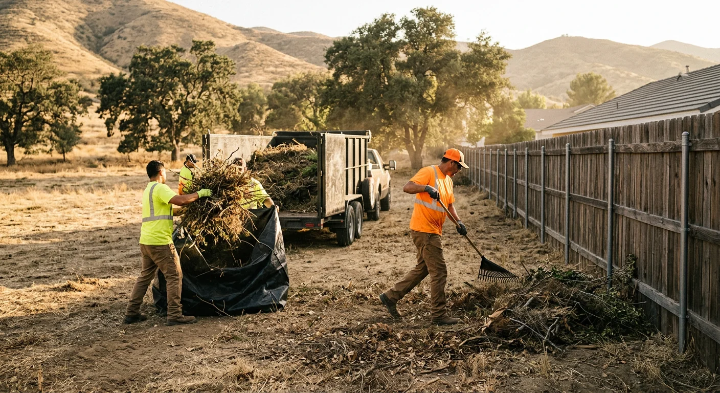 Debris raked and hauled from a cleared lot along a fence line