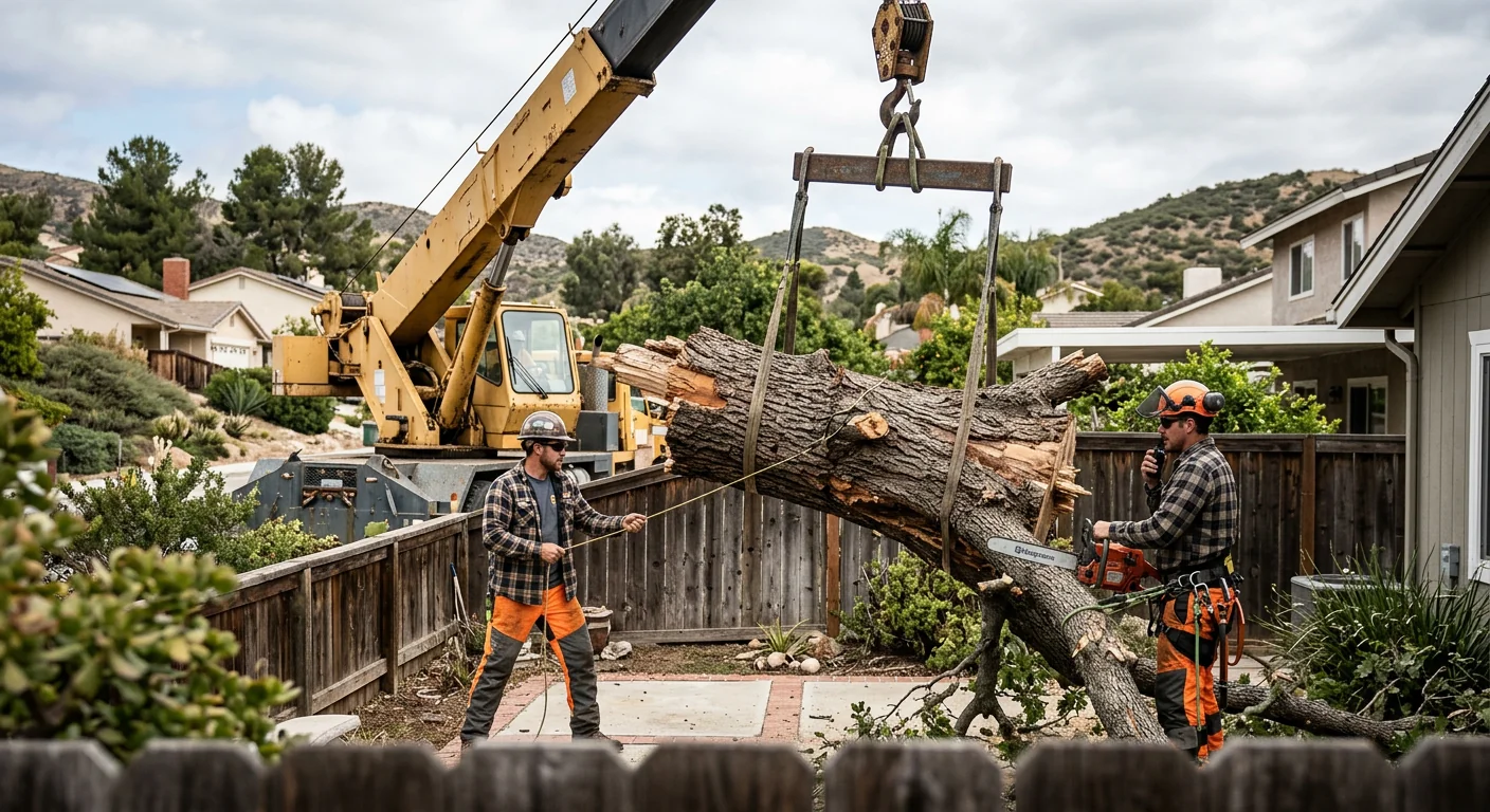 Crane supporting removal of a heavy storm-damaged trunk in a tight yard