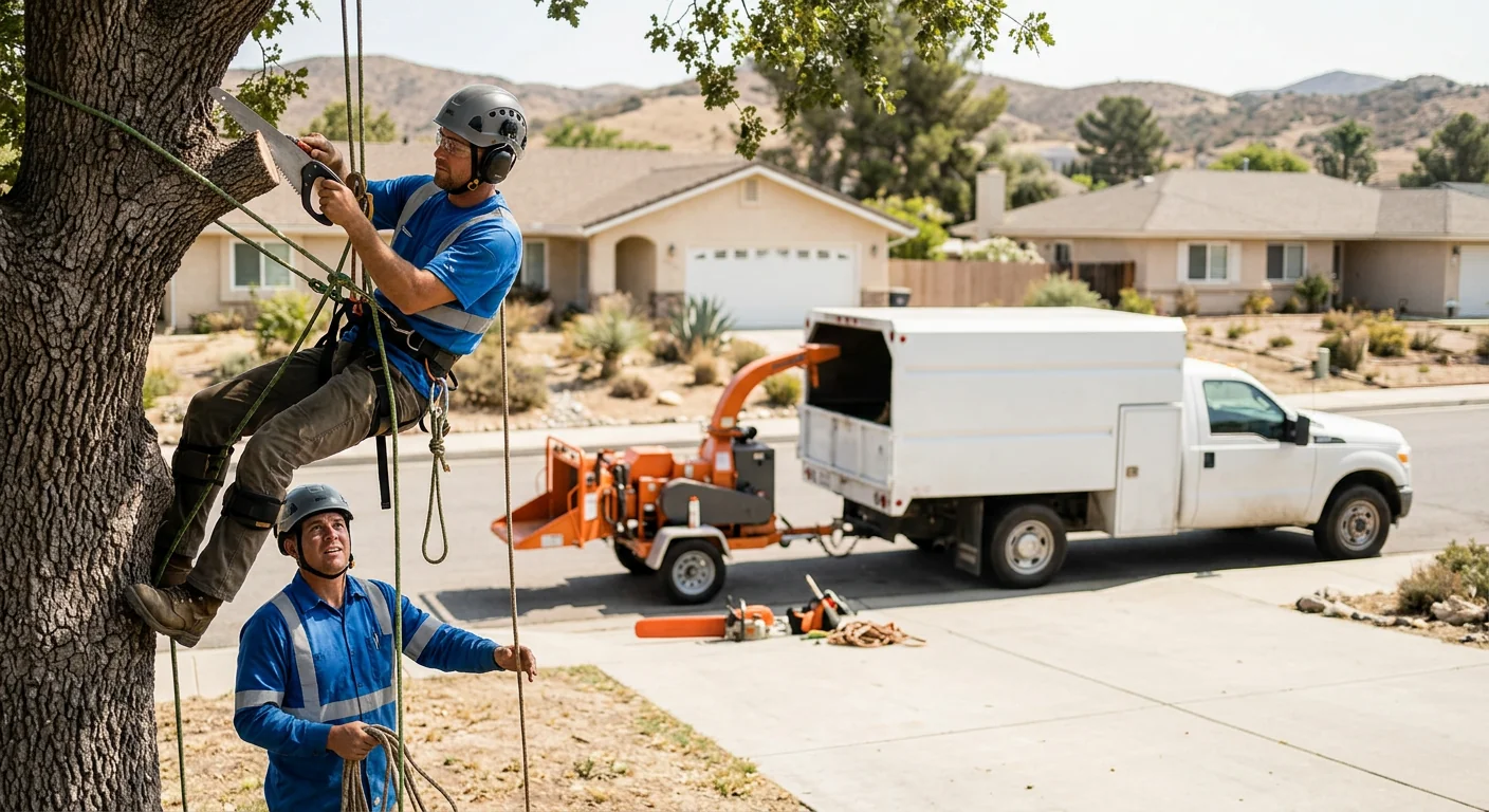 Tree crew clearing storm-fallen branches from a Castaic residential yard after high winds