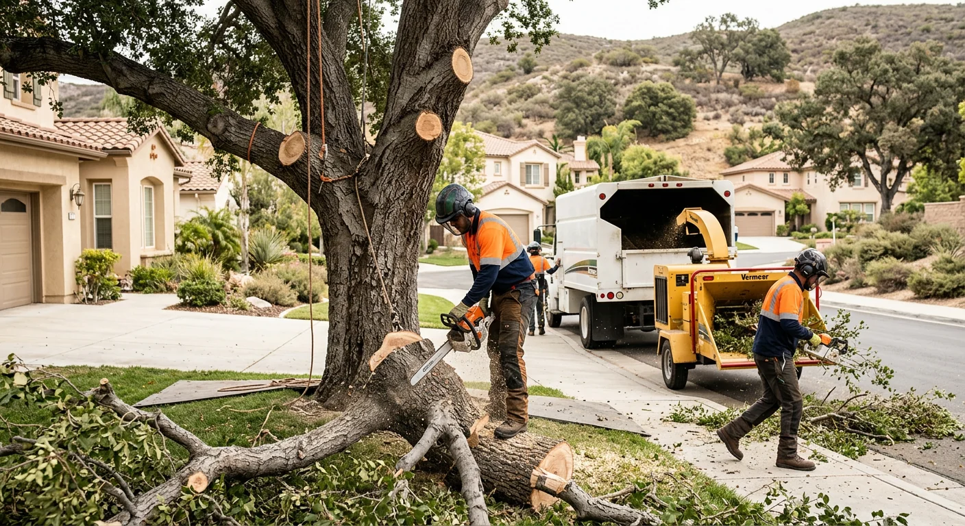 Technician grinding a tree stump in a residential Castaic backyard