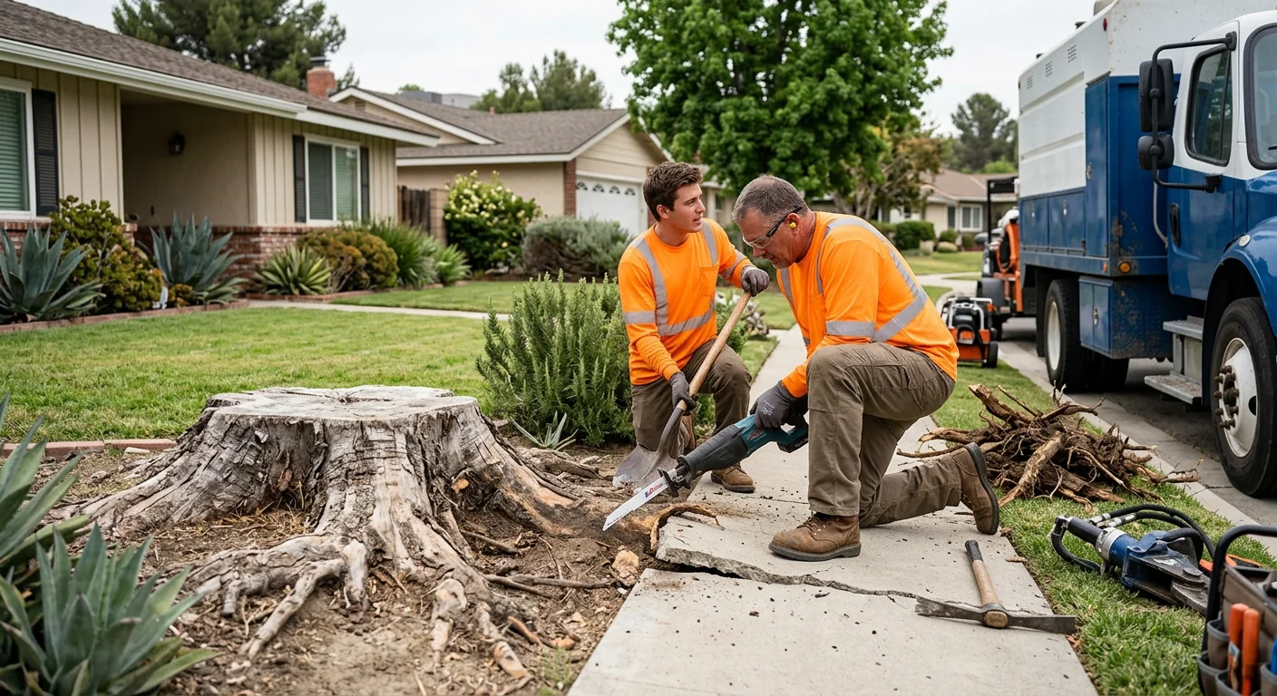 Old tree stump with surface roots lifting a backyard walkway in Castaic