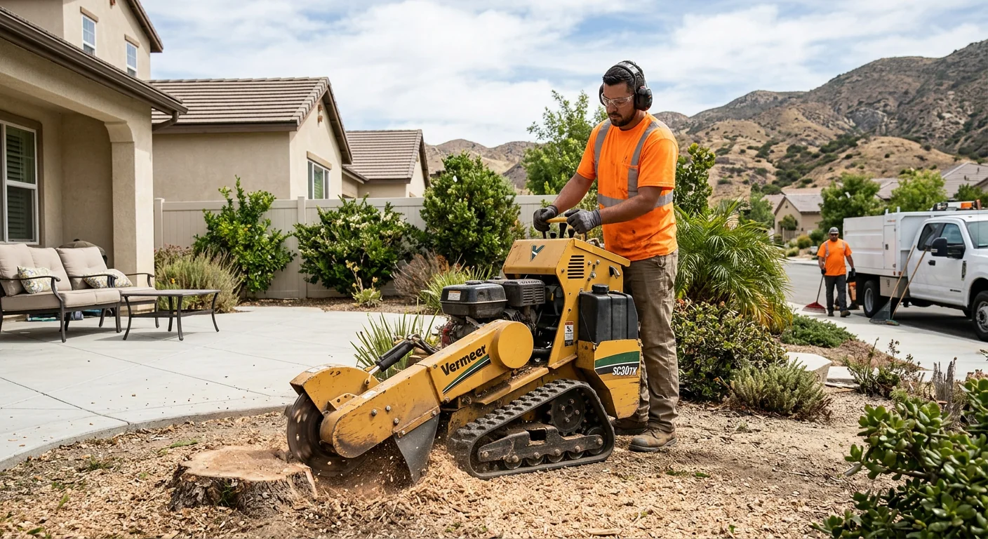 Compact stump grinder cutting an ornamental stump beside a residential patio