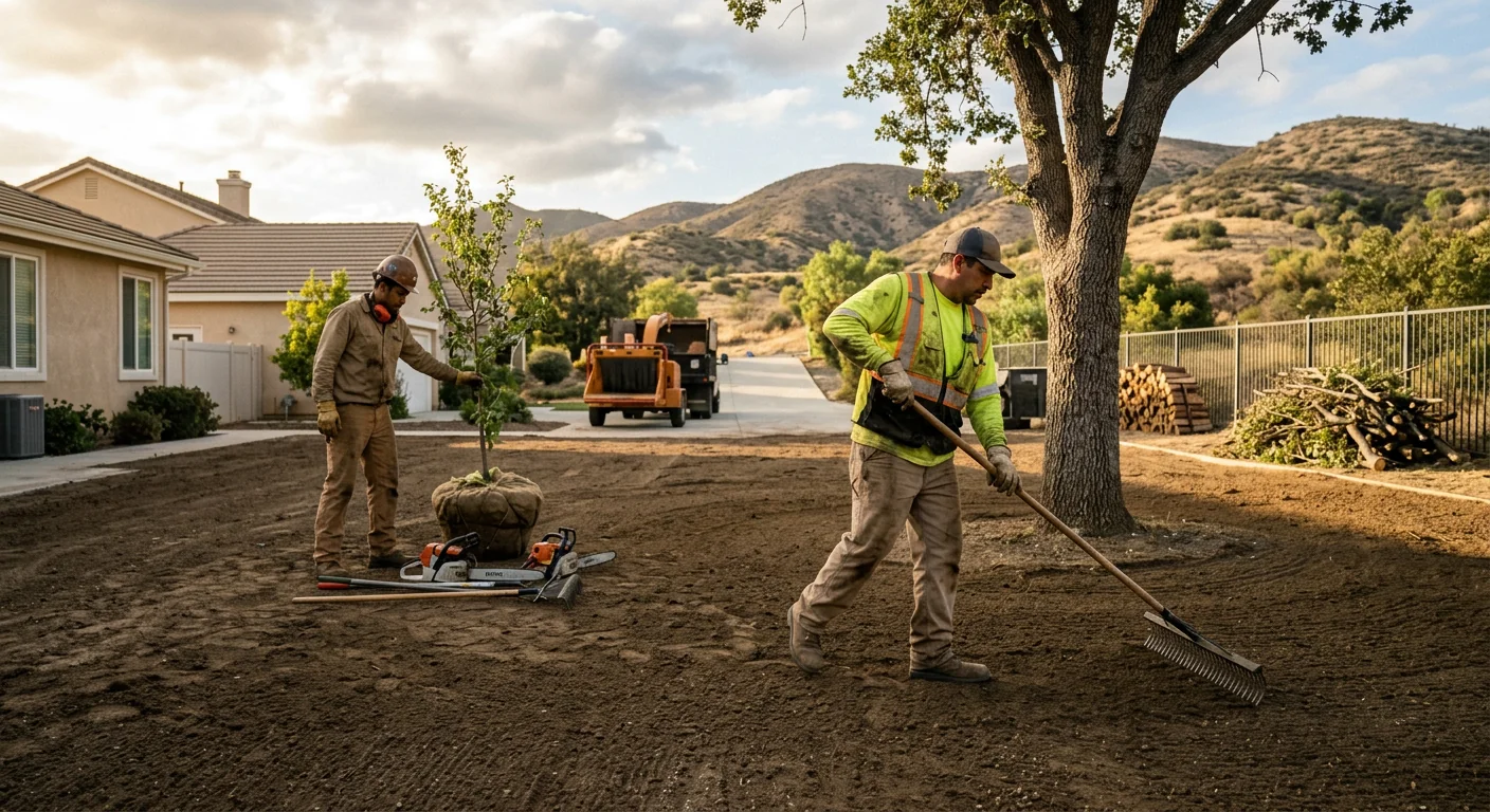Wide view of a Castaic backyard cleared of stumps and raked smooth