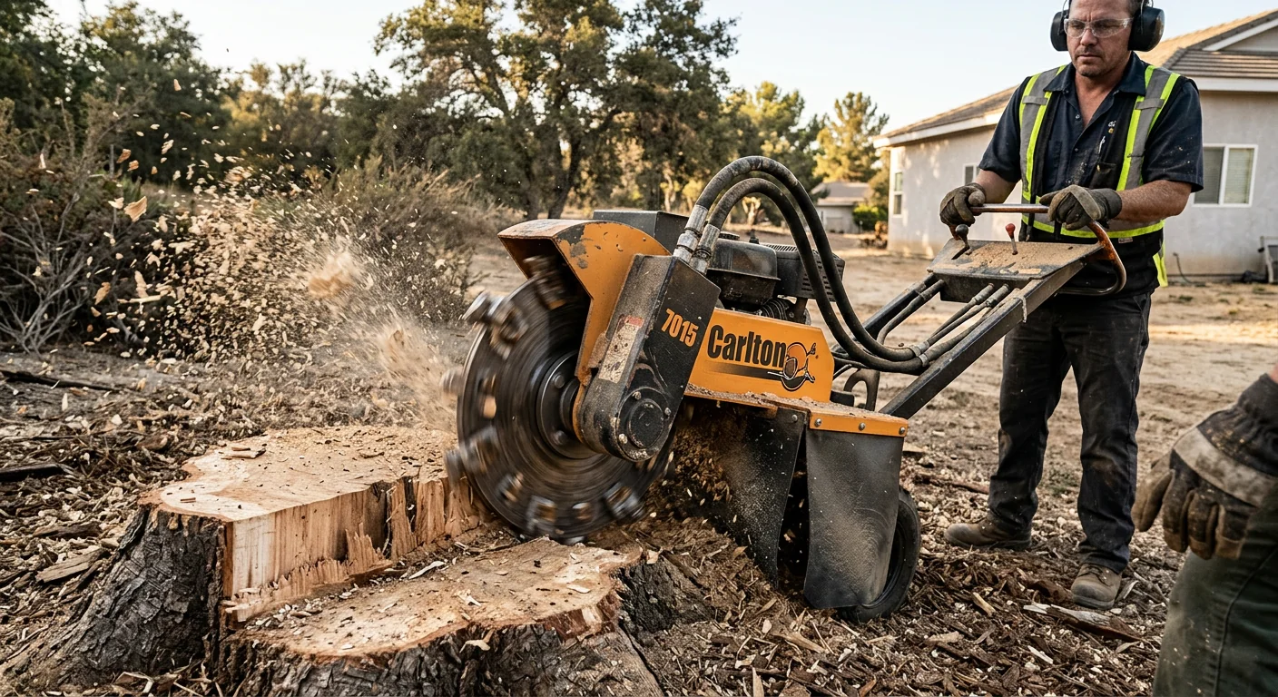 Close-up of carbide cutting wheel grinding into an oak stump