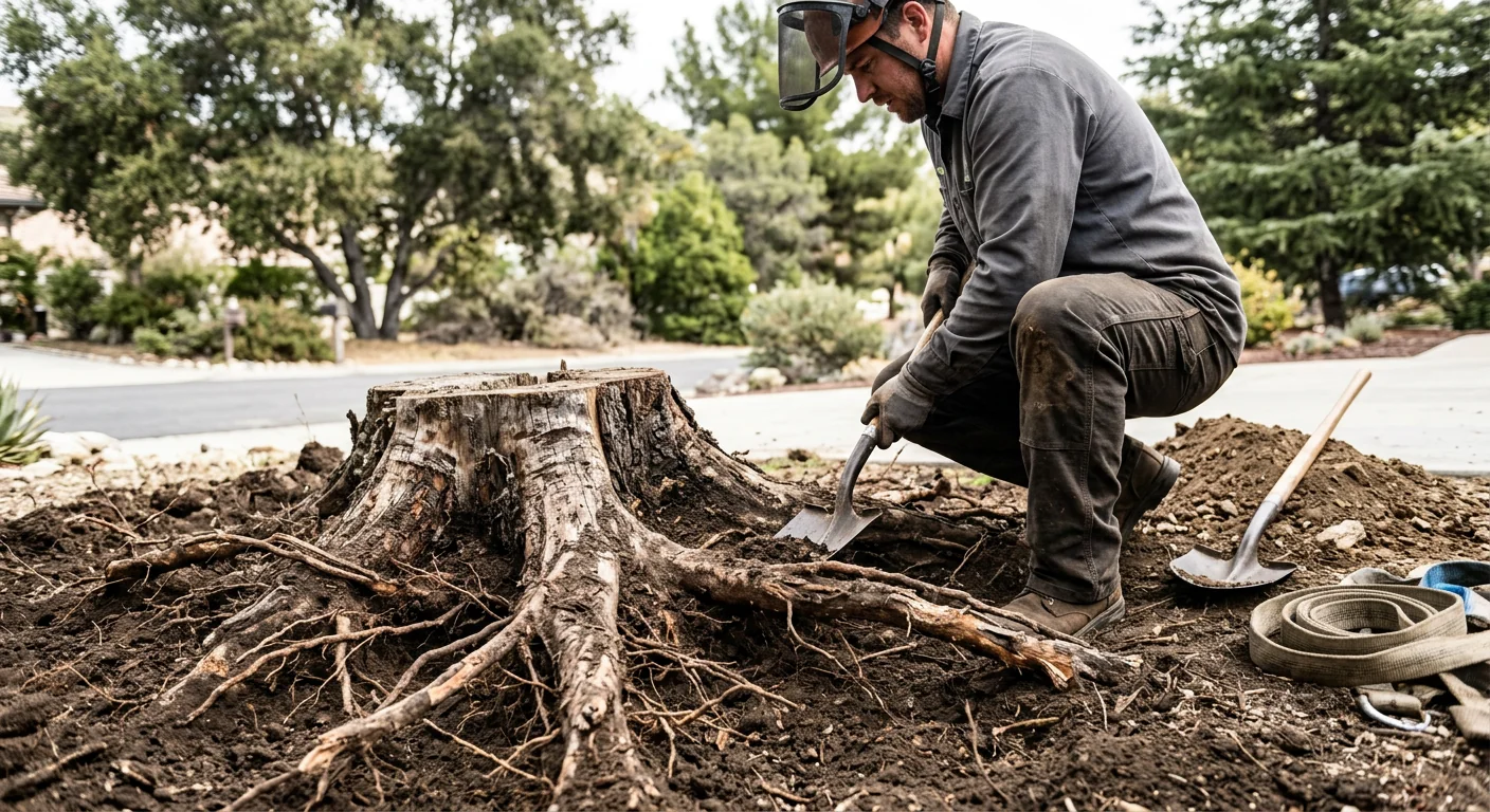 Deep pine stump remnant with exposed lateral roots before grinding