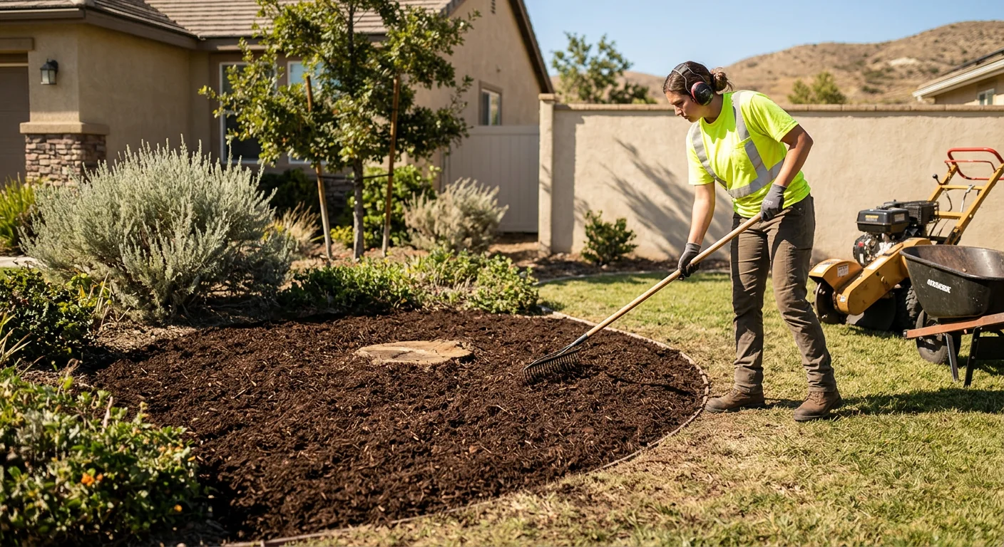 Fresh mulch bed filling the void where a large stump once stood