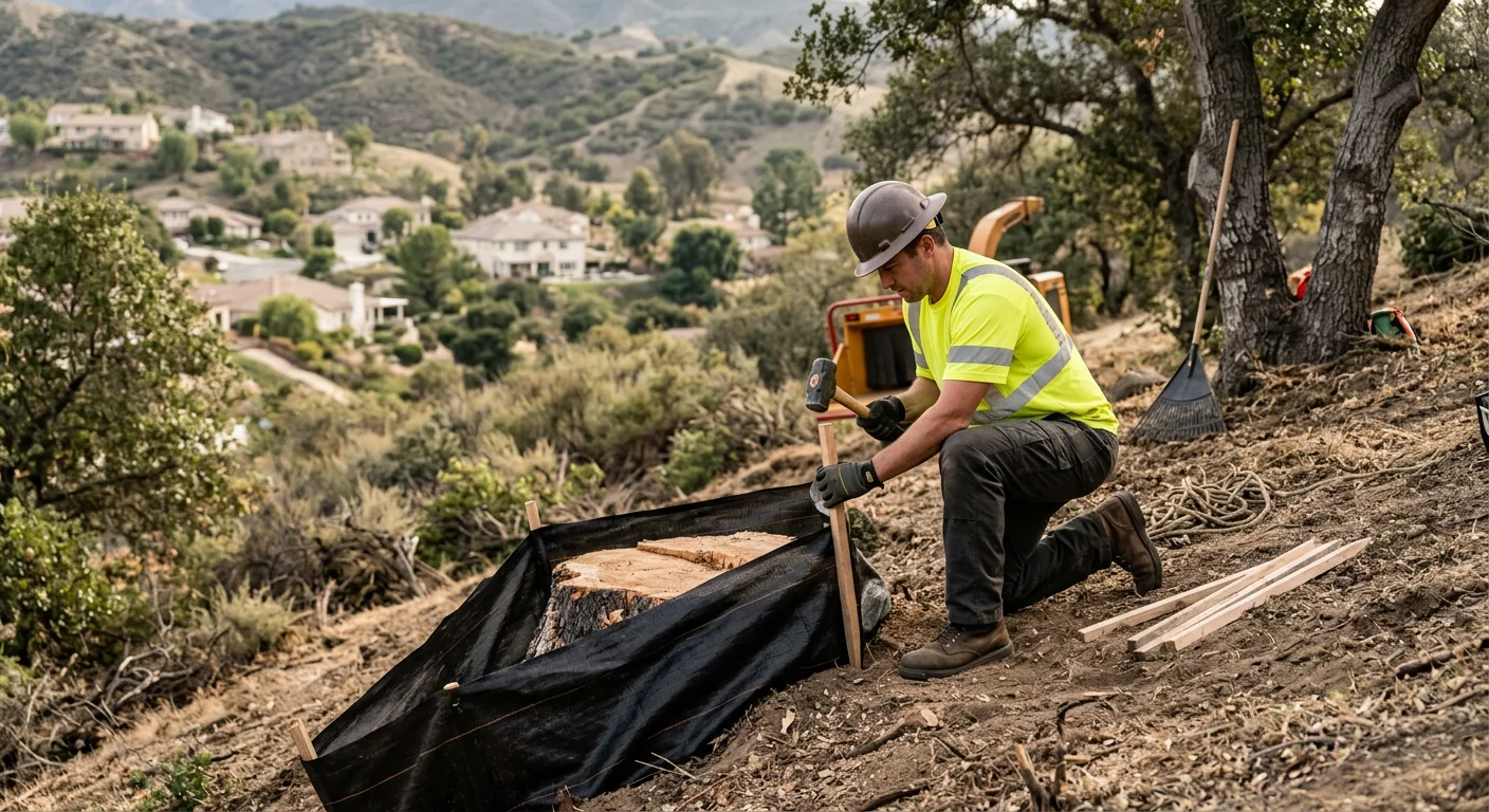 Technician setting protective barriers around a stump on a hillside lot