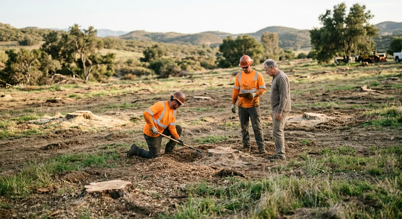 Multiple ground-down stumps across an open acreage clearing project