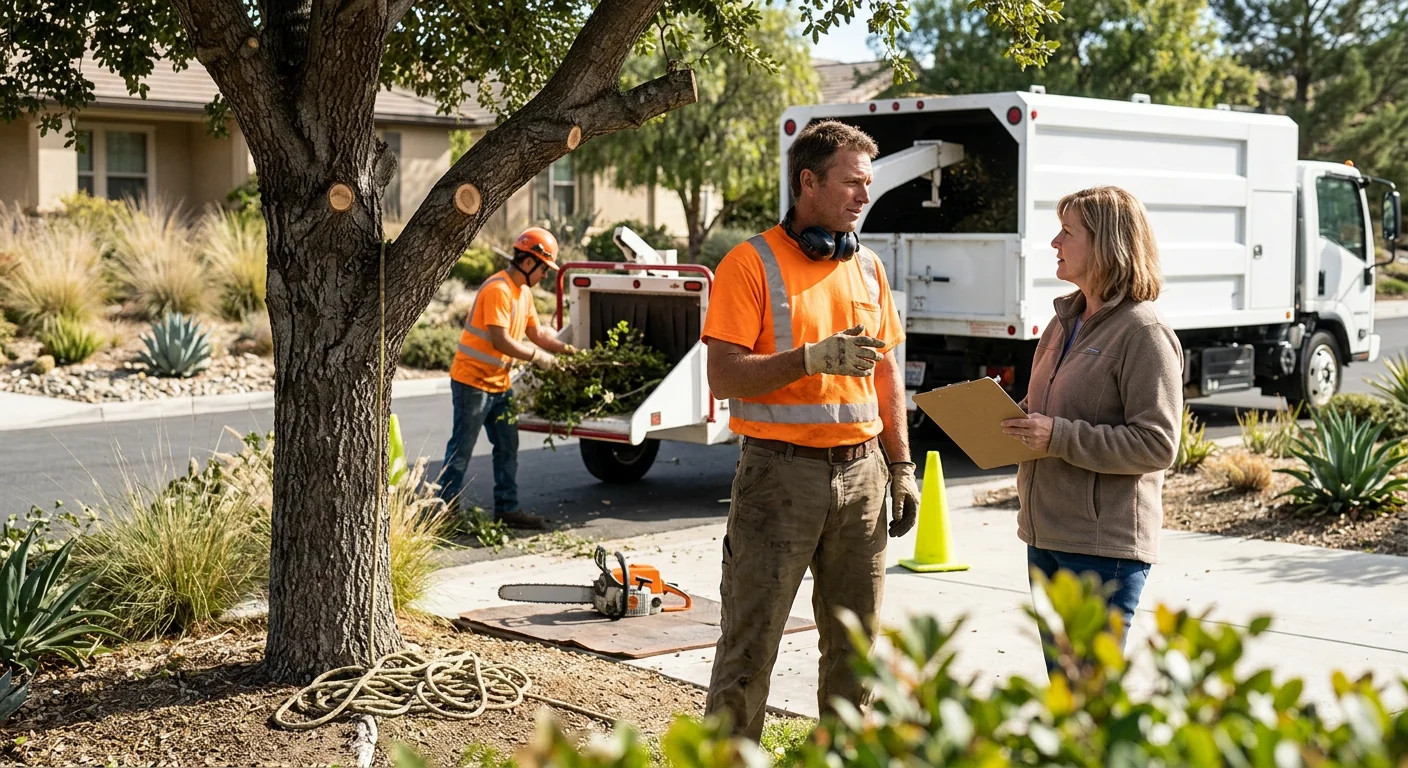 Technician operating a stump grinder in a residential Castaic backyard