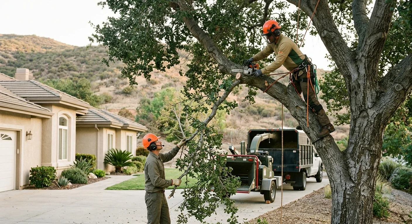 Technician measuring anchor points on a large tree during a Castaic support assessment