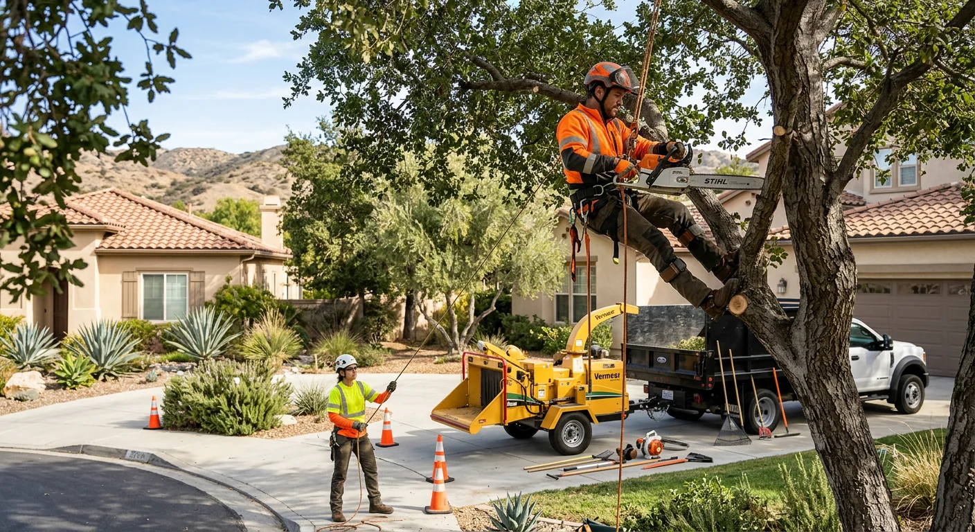Arborist installing cabling support in a mature backyard tree in Castaic