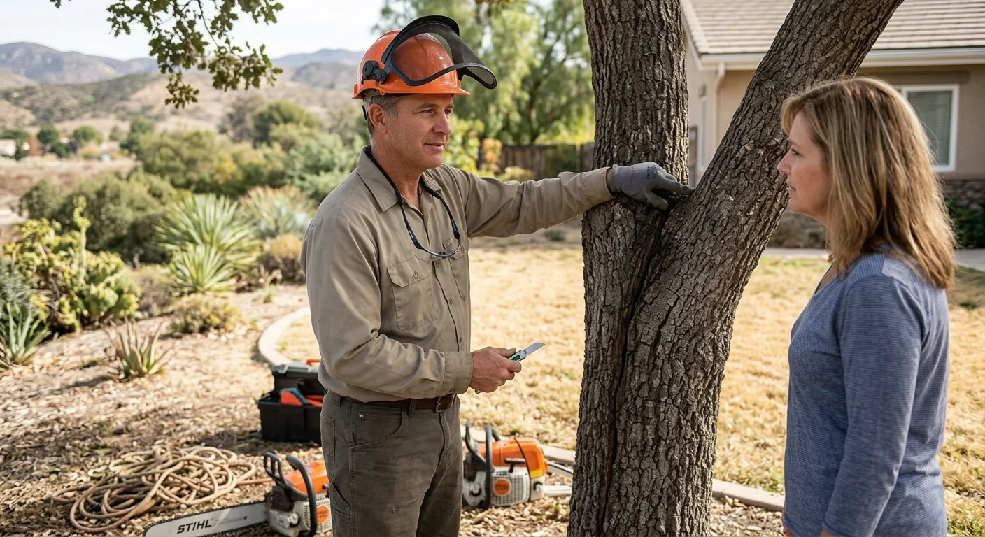 Mature oak with V-shaped fork showing included bark on a Castaic property