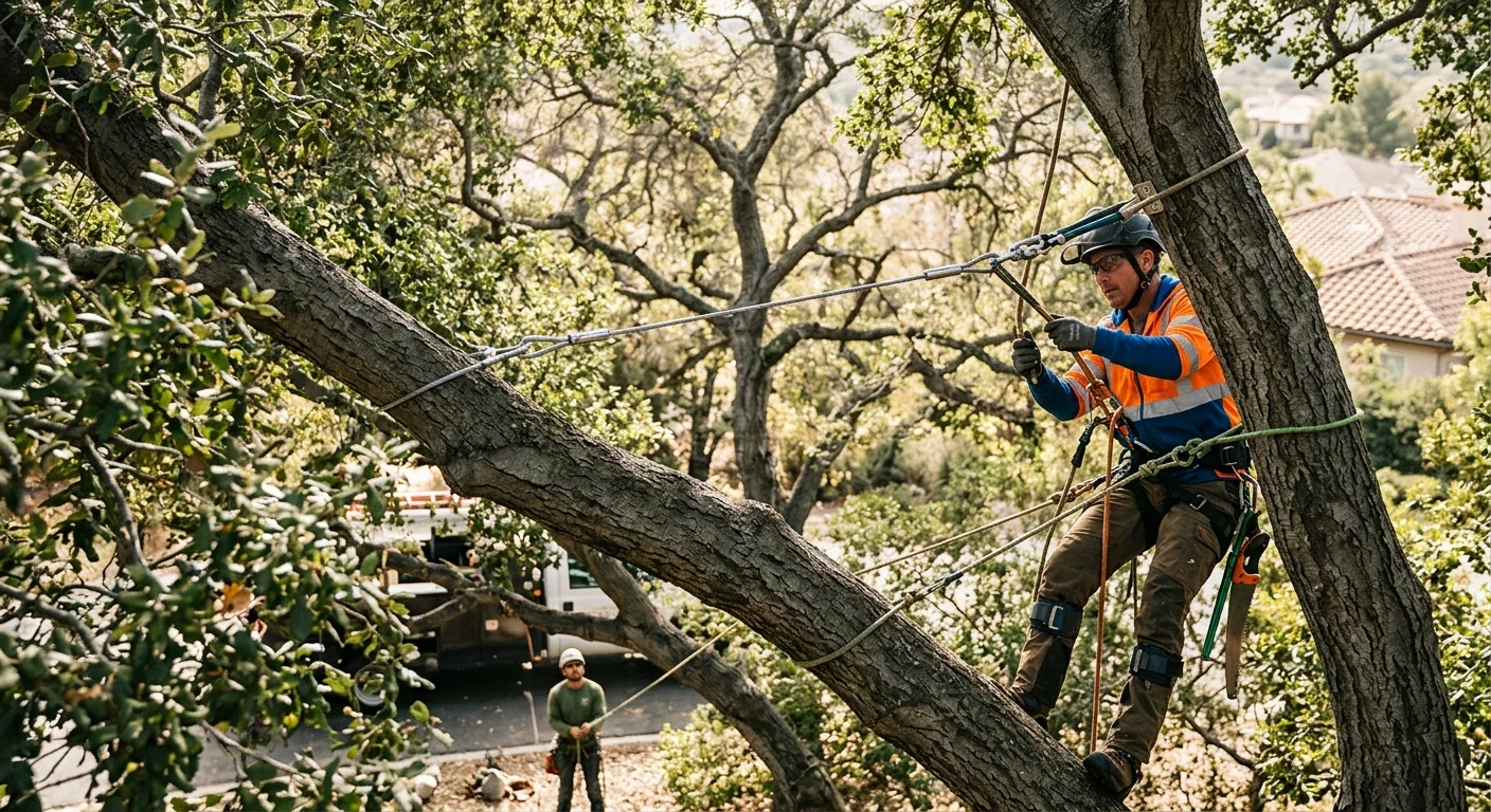 Support cable installed high in a canopy to steady a heavy leaning limb