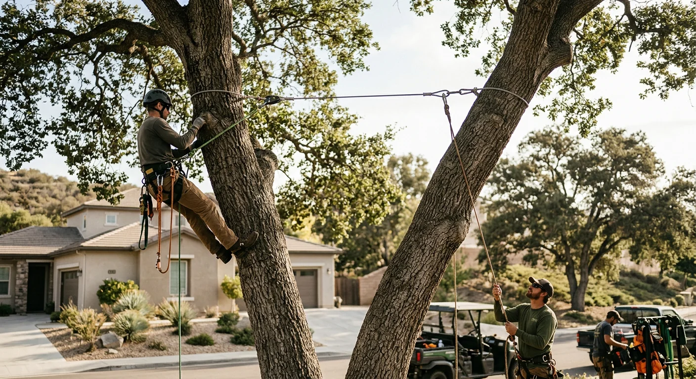 Support cable spanning two codominant stems of a mature oak on a residential lot
