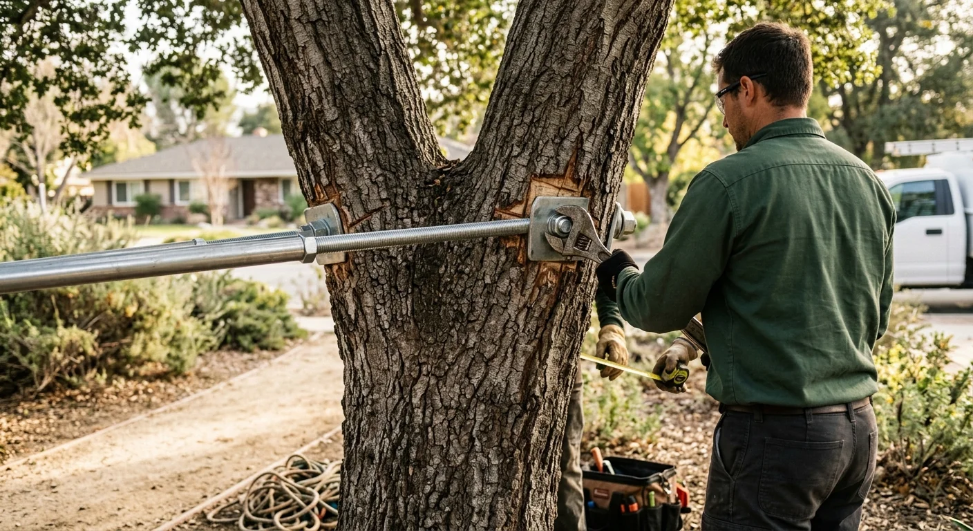Close-up of a steel bracing rod installed through a weakened branch union