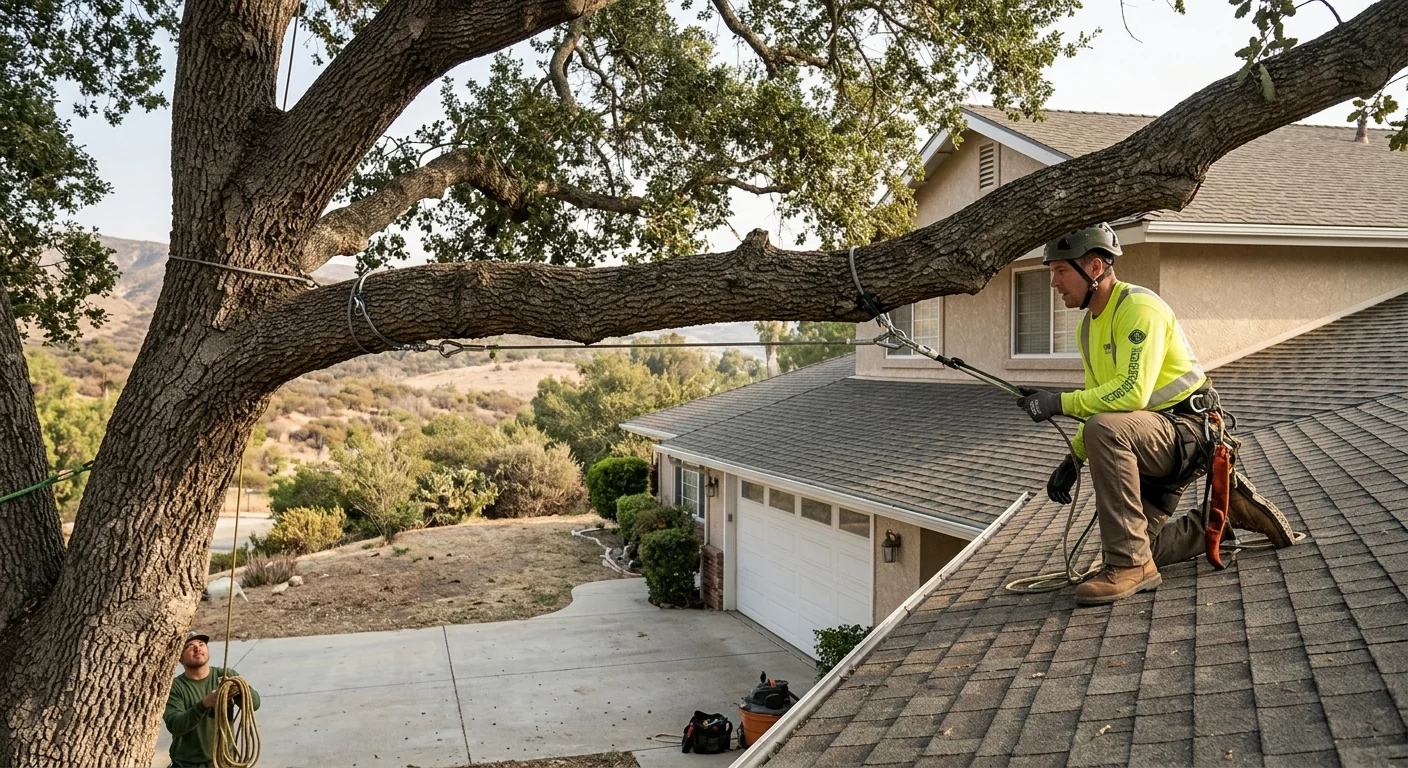 Finished cabling system steadying a heavy lateral limb above a Castaic rooftop