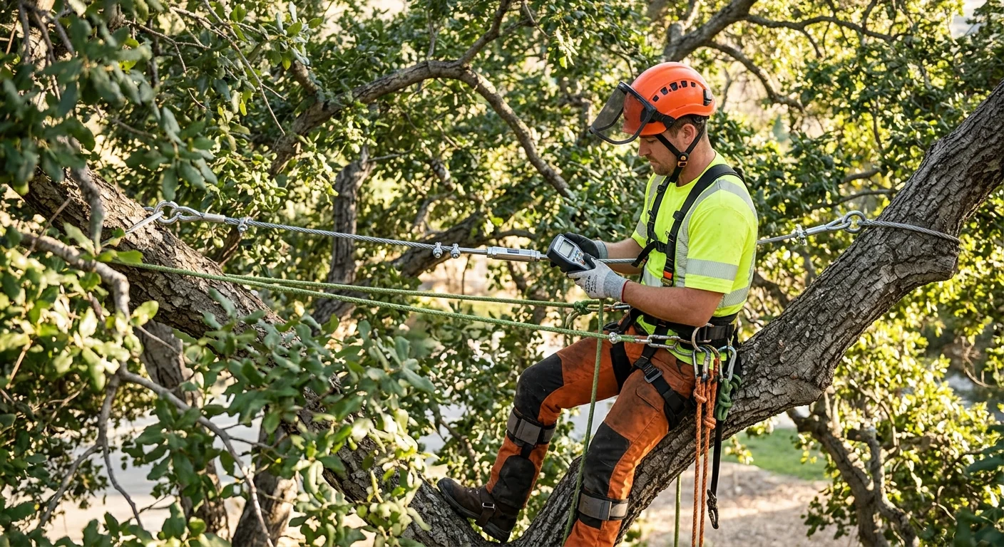 Technician checking cable tension high in a mature canopy at job completion