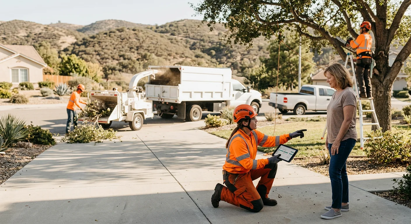 Technician reviewing a tree care estimate with a homeowner in Castaic