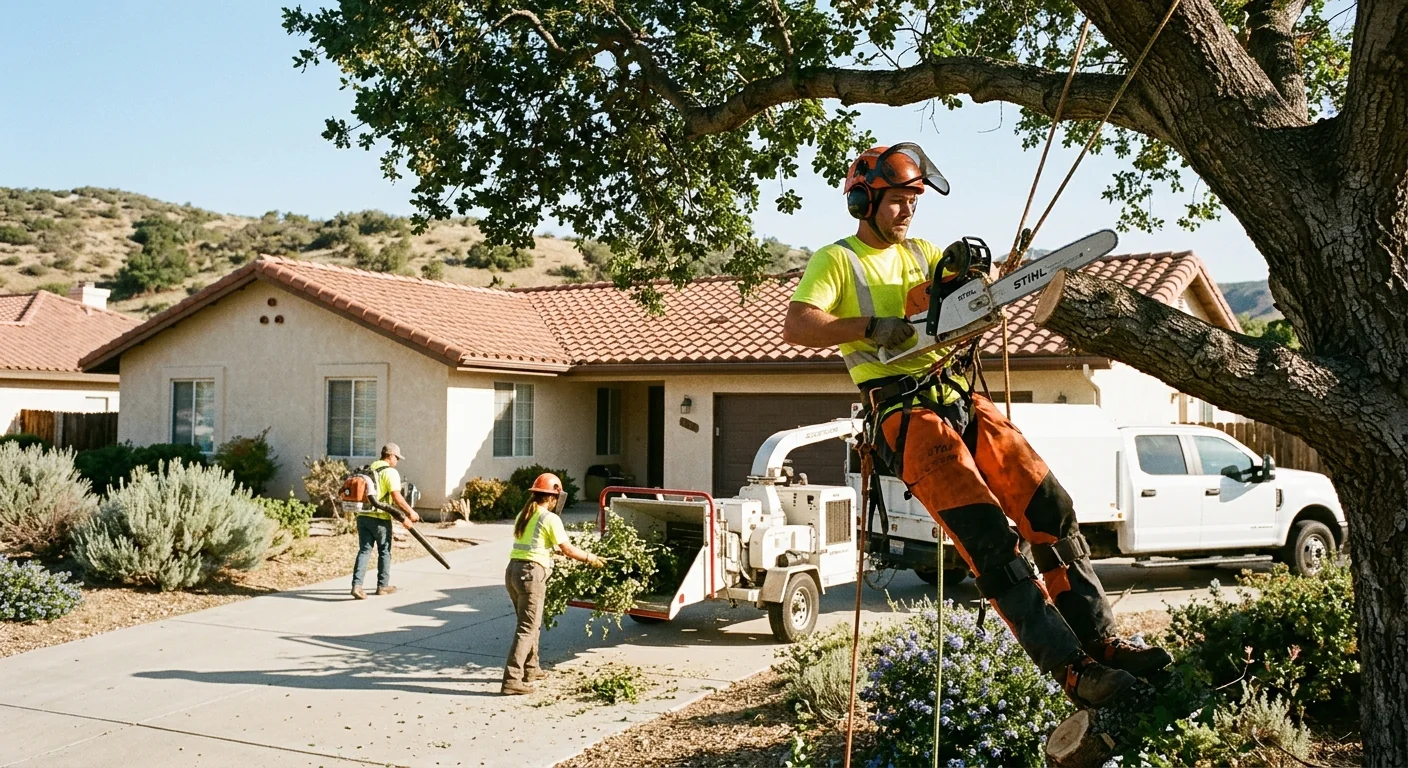 Arborist inspecting a mature backyard tree during a routine health assessment in Castaic