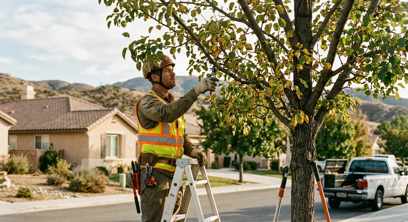 Arborist inspecting thinning canopy and discolored leaves on a residential Castaic tree