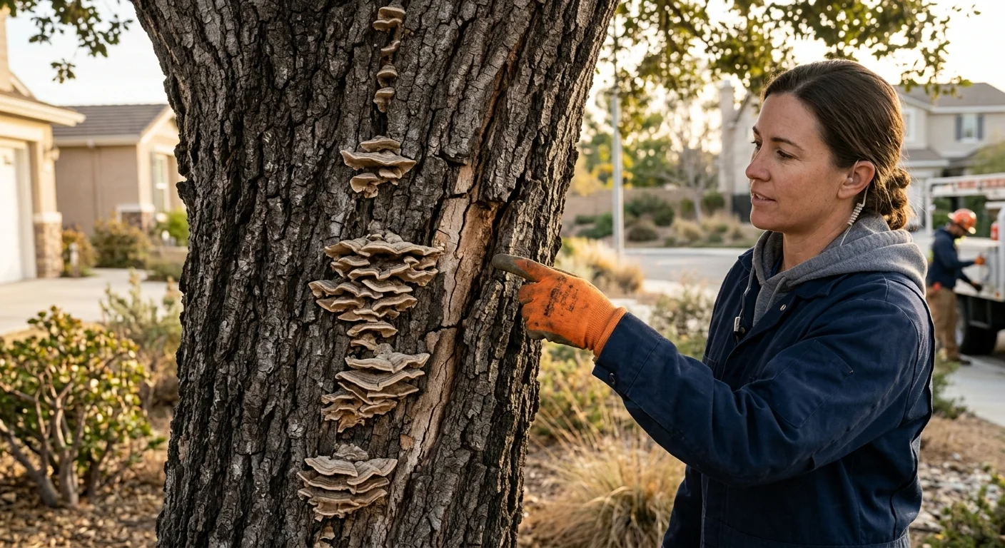 Close-up of cracked bark and fungal growth signaling early tree decline