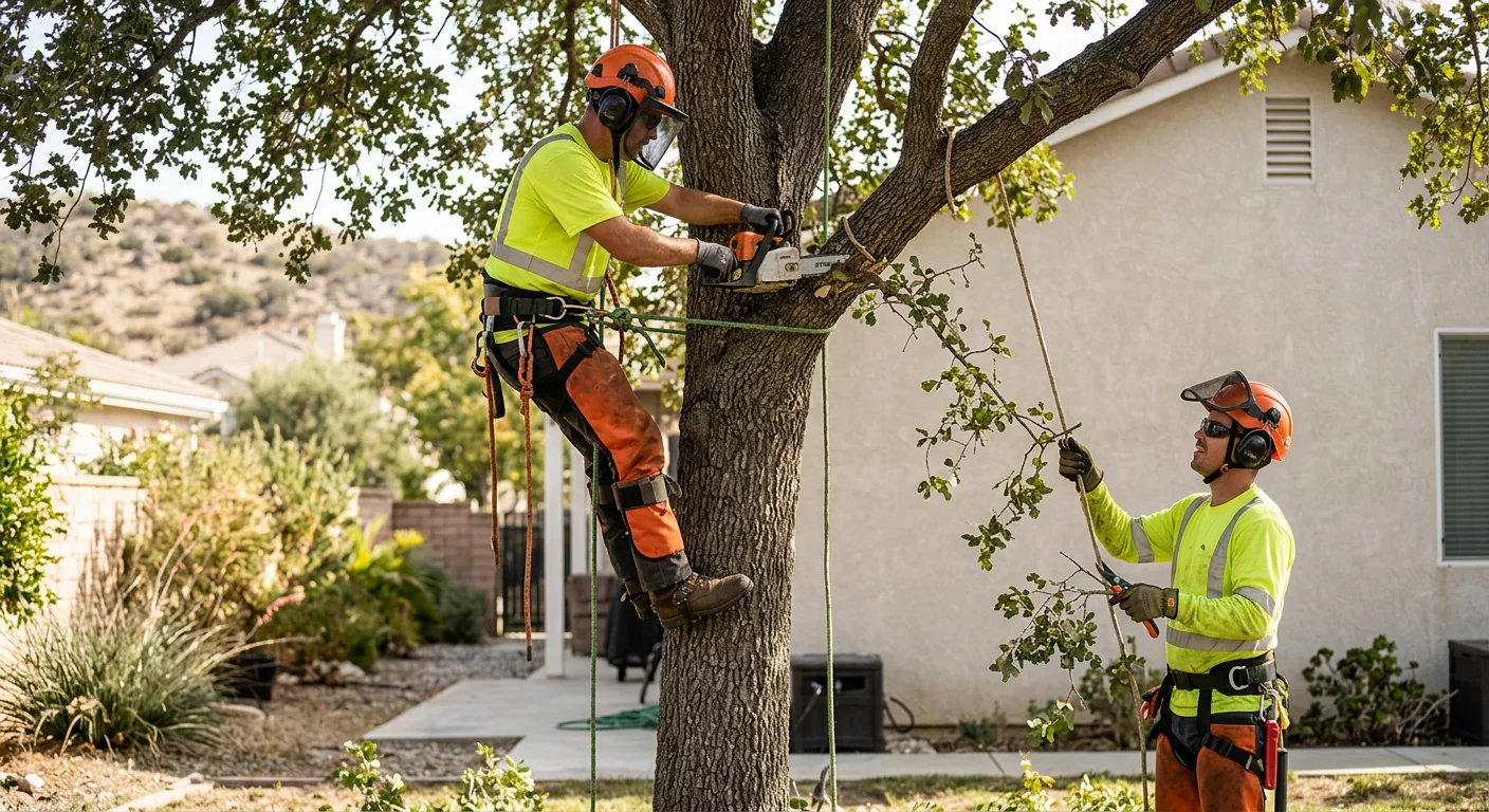 Crew performing crown thinning on a mature oak in a Castaic backyard