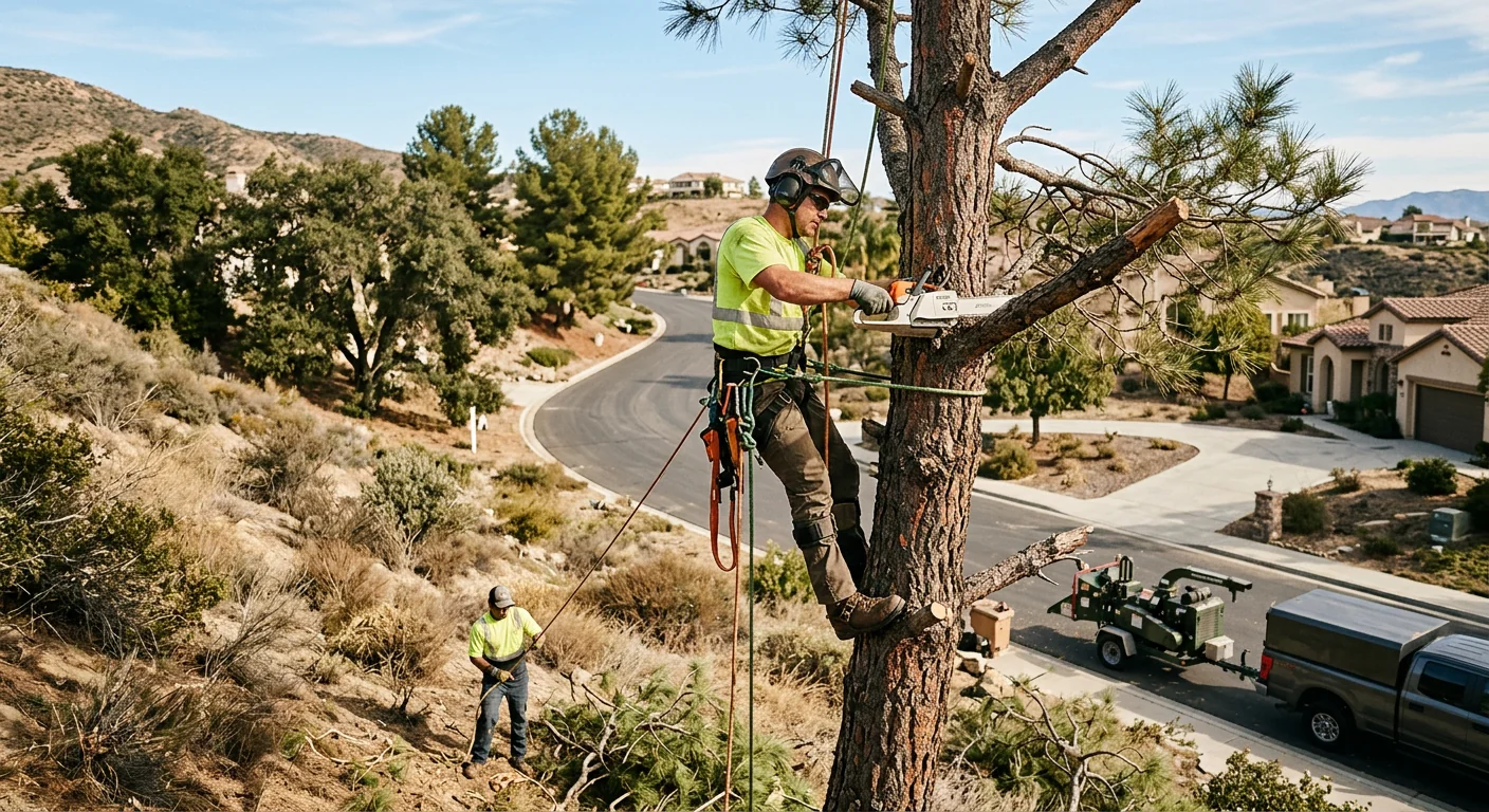 Arborist removing deadwood from an aging pine on a hillside lot