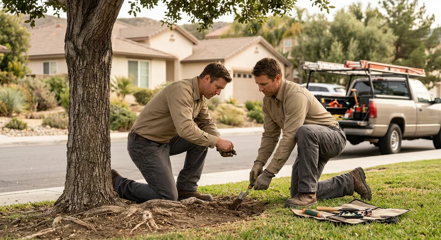 Technician inspecting root zone and soil condition beside a residential tree