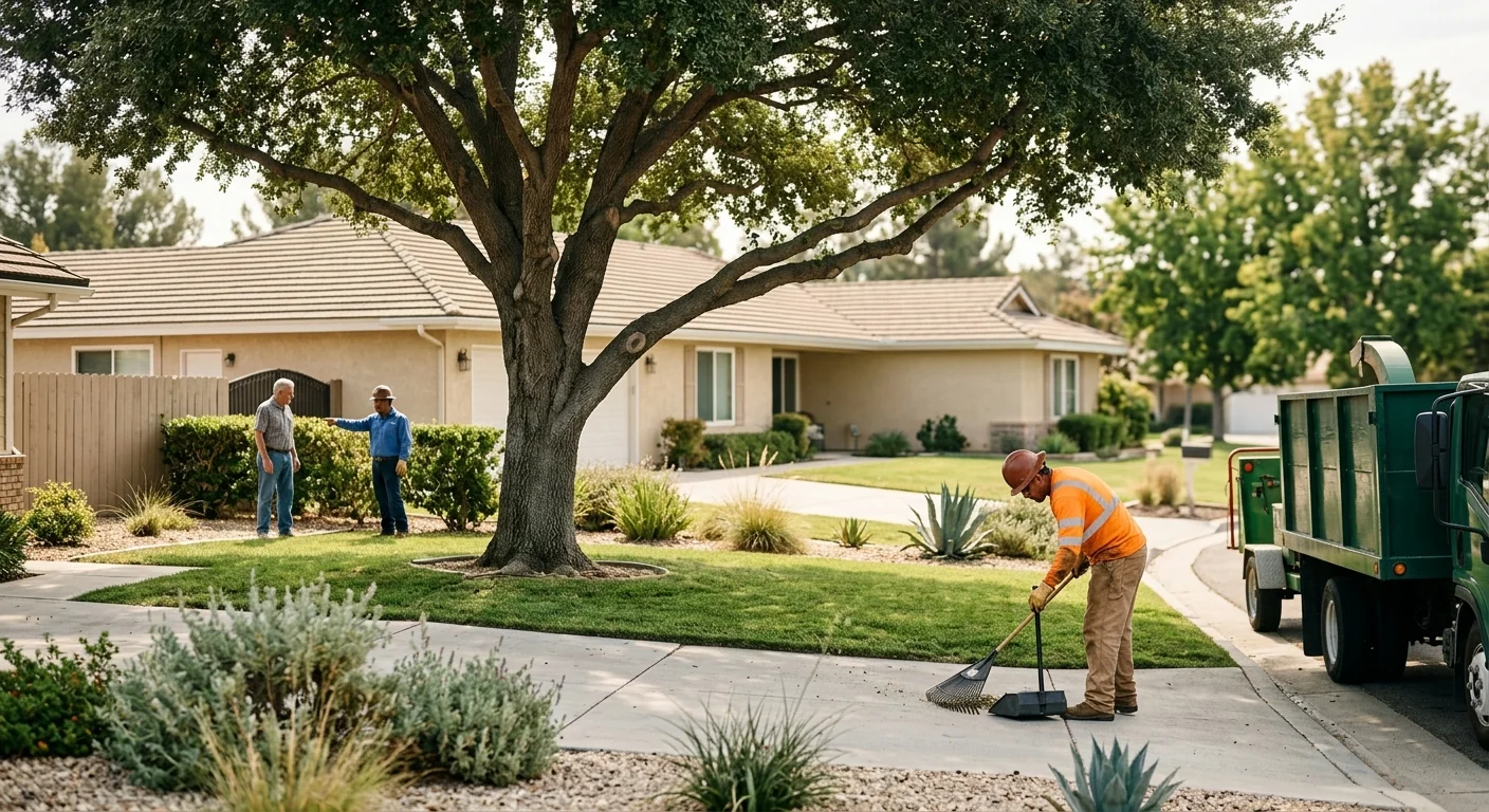Wide view of a tidy Castaic front yard after tree maintenance