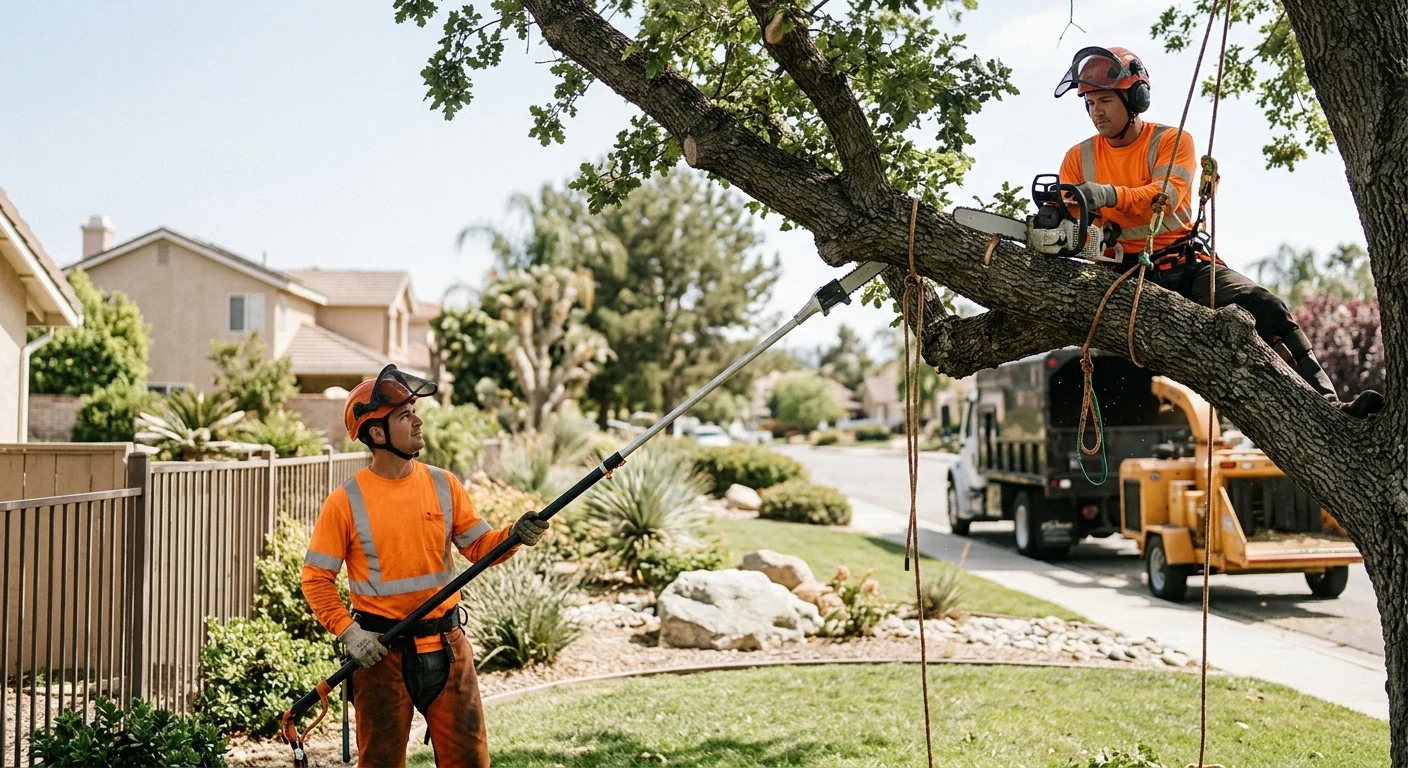 Arborist inspecting tree canopy health during a maintenance visit in Castaic