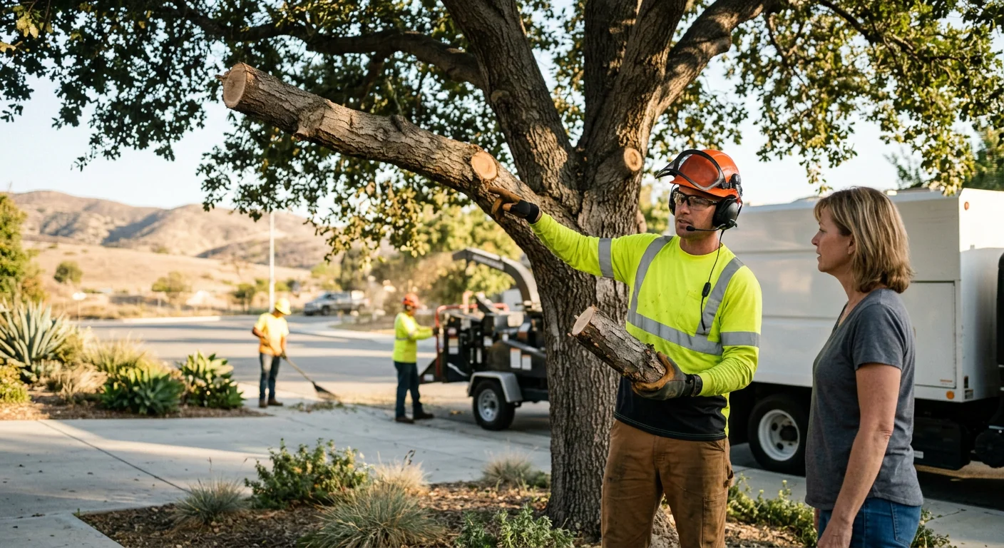 New trees staked and mulched along a residential Castaic property line after planting