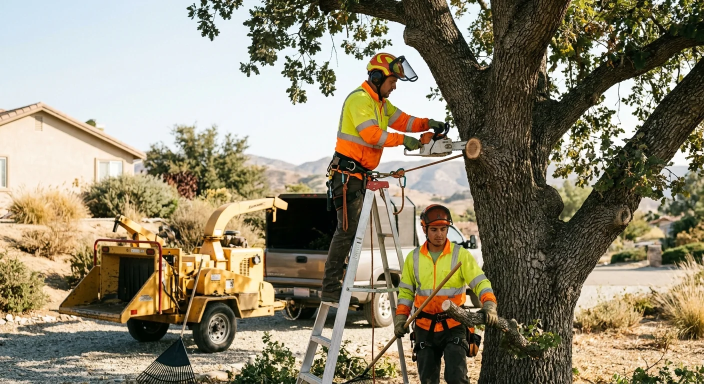 Technician planting a young tree in a landscaped Castaic residential yard
