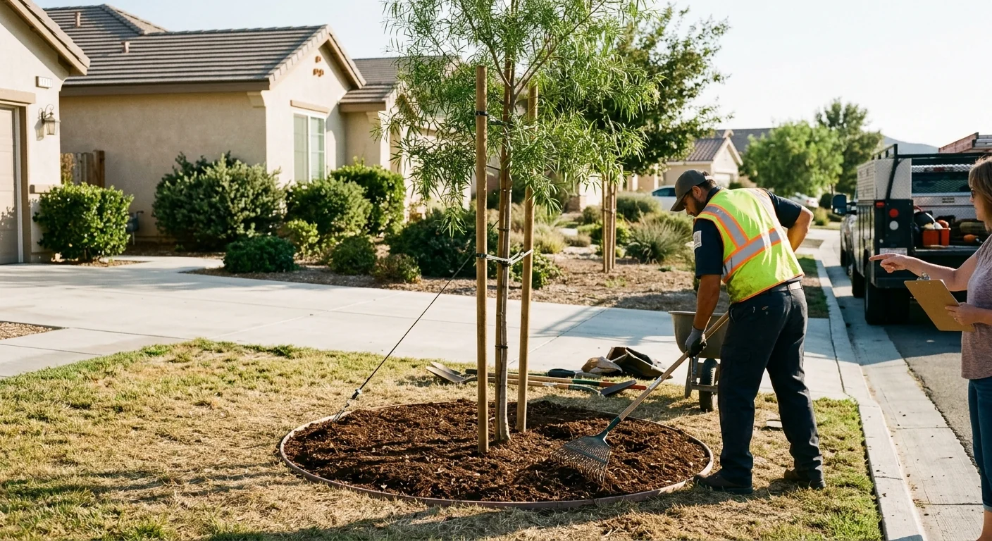 Freshly planted young shade tree with mulch ring in a Castaic front yard