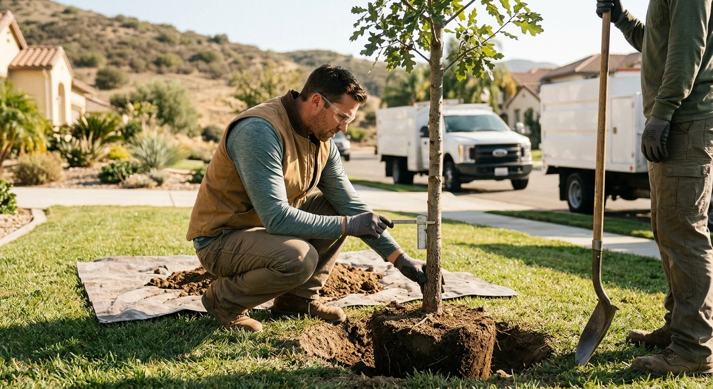 Technician checking root flare depth before backfilling a newly planted tree