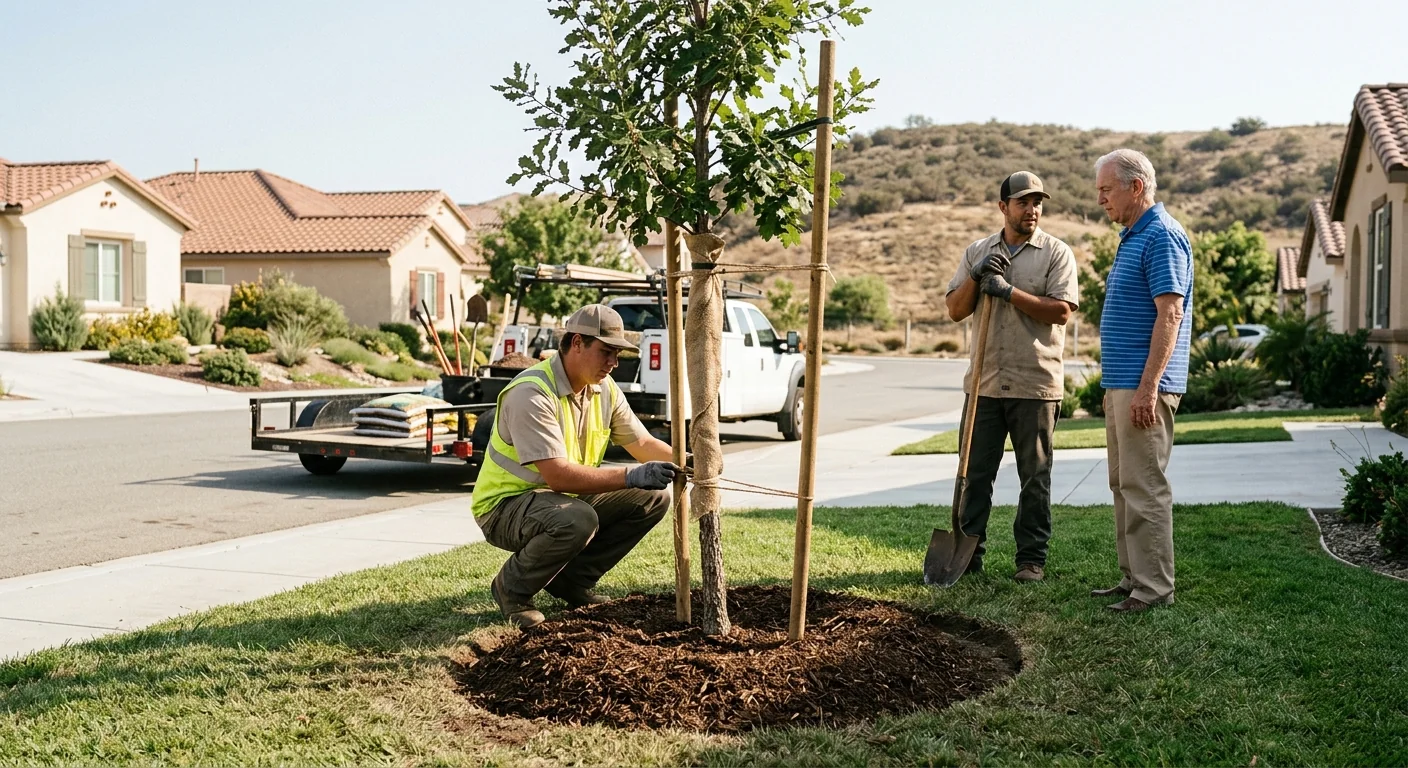 Newly planted shade tree with fresh mulch ring in a residential Castaic front yard