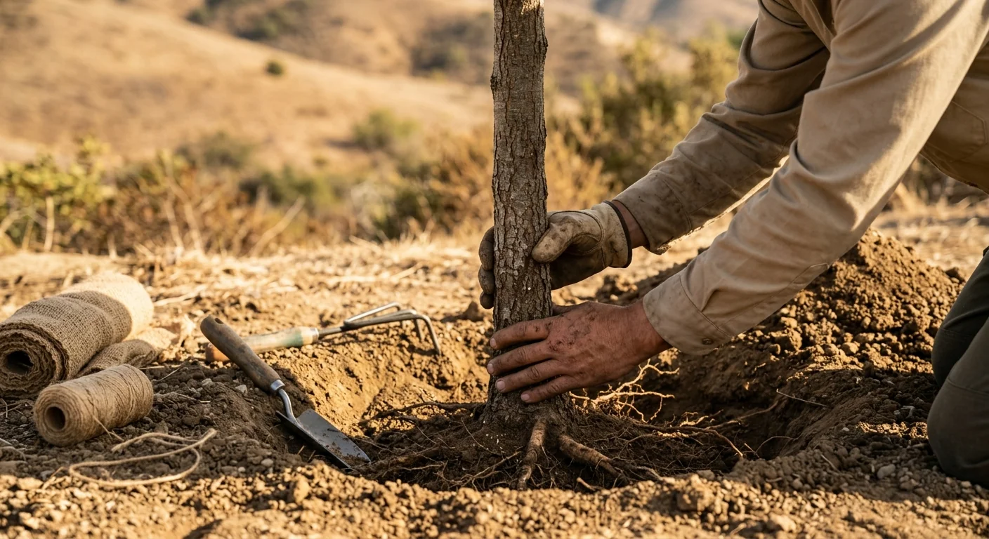 Close-up of hands setting a root flare at correct grade before backfilling