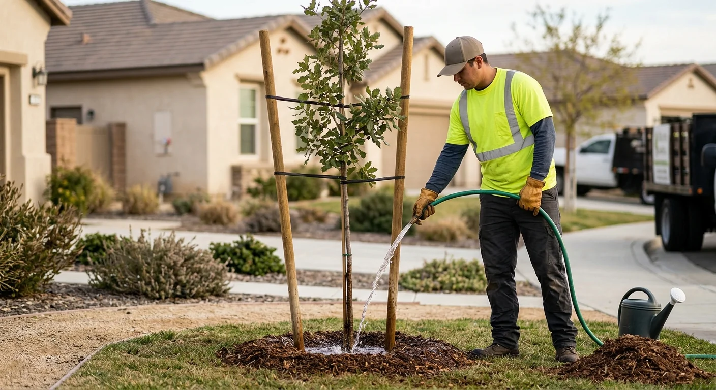 Crew member watering a freshly planted tree with a staking support in place
