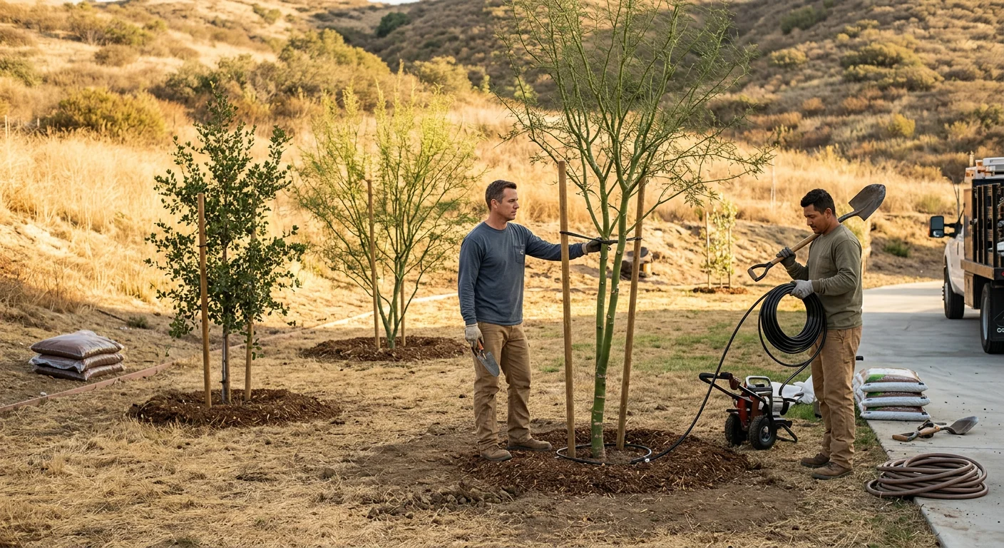 Wide view of a backyard with several newly installed drought-tolerant trees