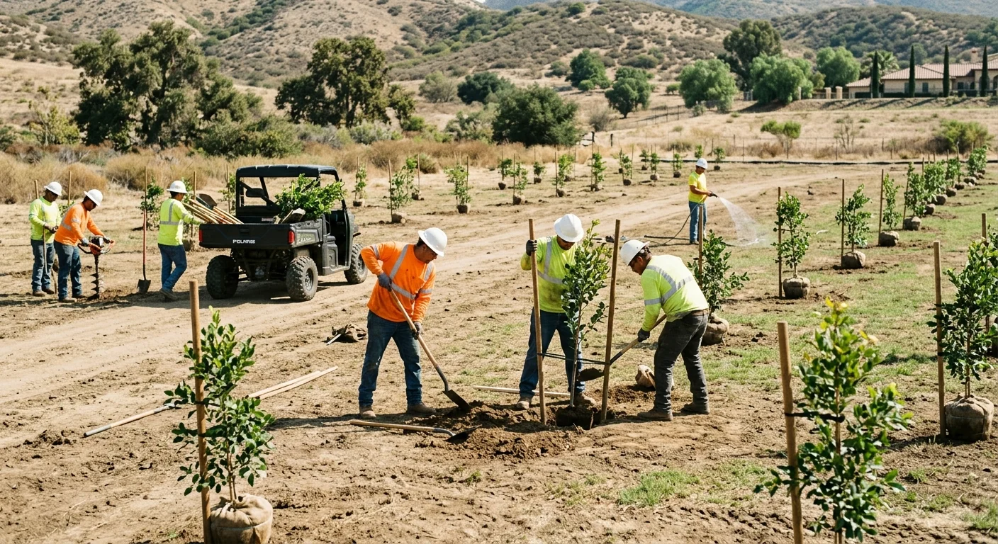 Multi-tree lot installation showing evenly spaced saplings across open ground