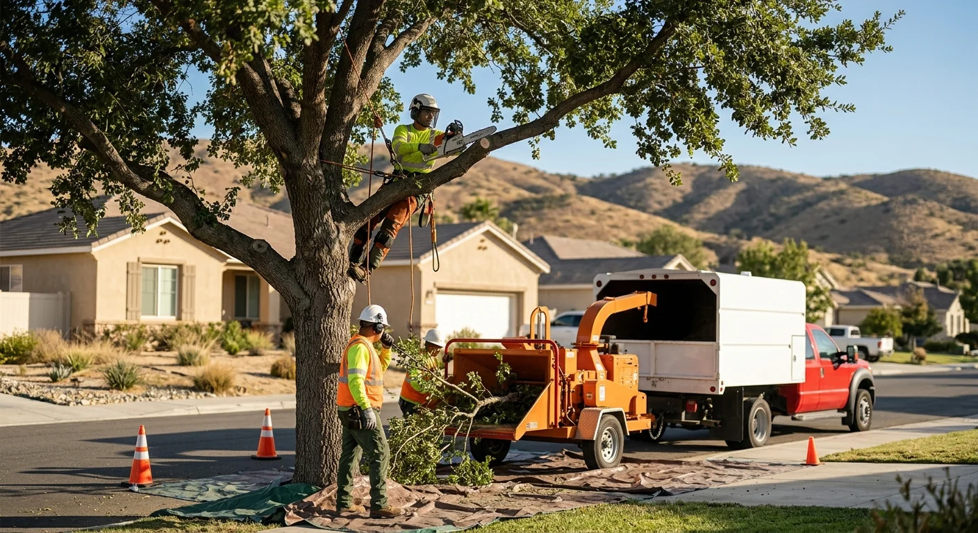 Arborist positioning a young tree root ball into prepared soil in Castaic yard