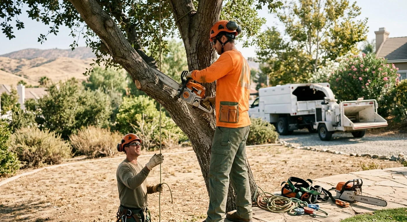 Arborist reviewing a pruning estimate beside mature trees on a Castaic property