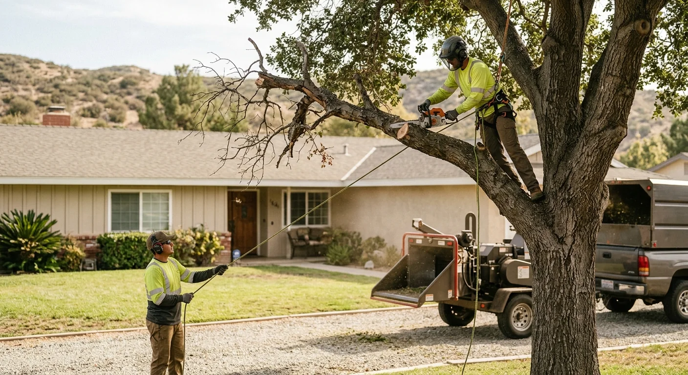 Arborist pruning a mature backyard tree in a quiet Castaic neighborhood