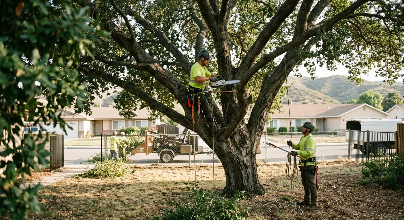 Overgrown backyard tree with crossing limbs and dense canopy needing pruning in Castaic