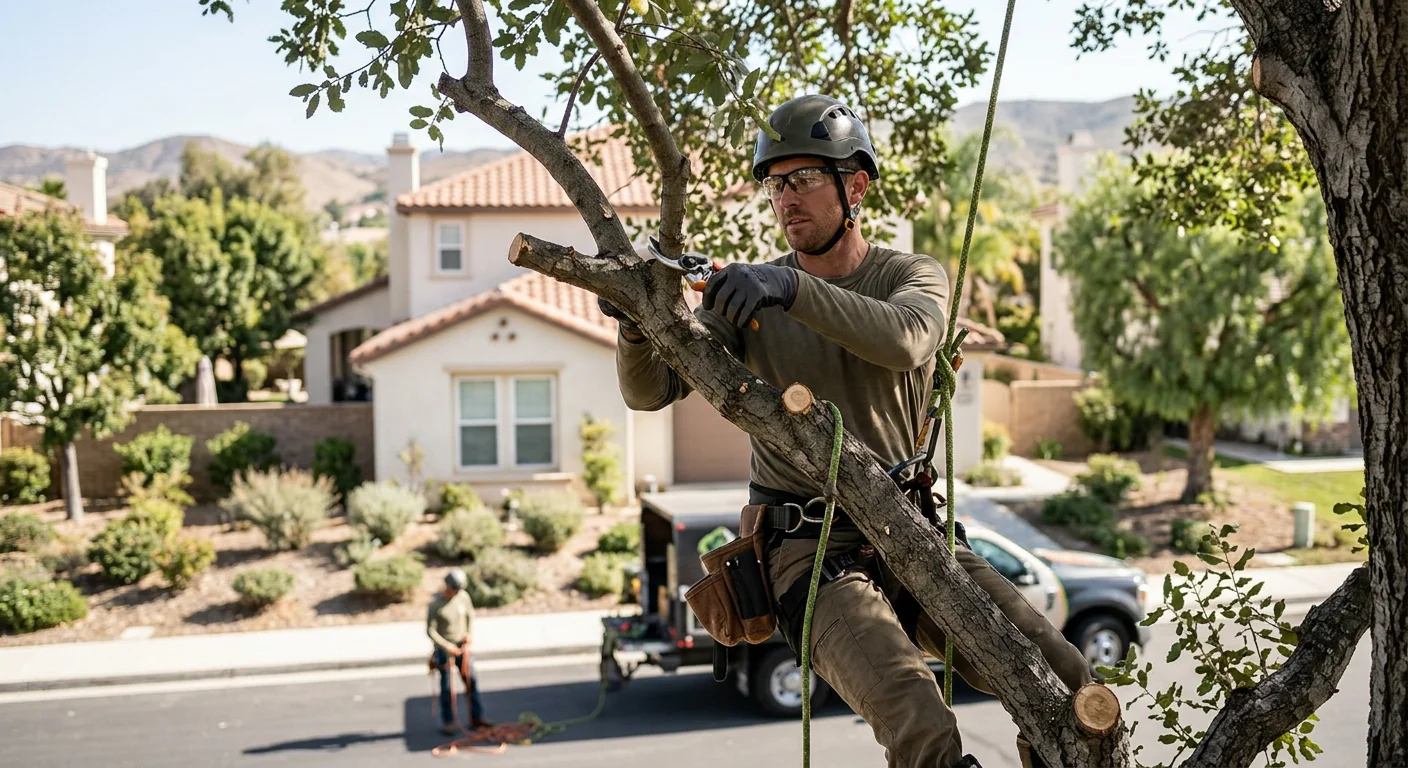 Arborist making a precise pruning cut near the branch collar on a residential tree