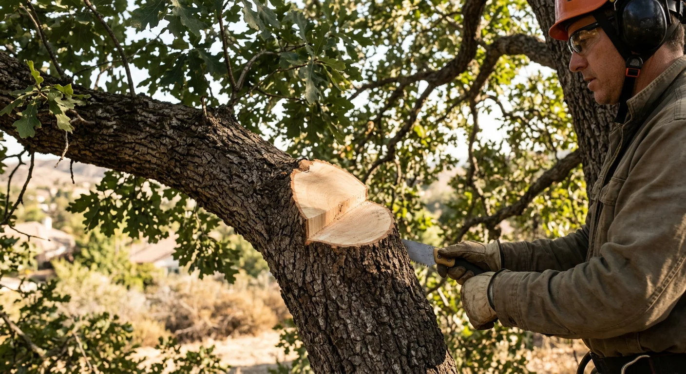 Close-up of a clean pruning cut on a mature oak branch in Castaic