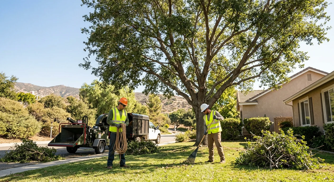 Wide view of a residential yard with a freshly thinned tree canopy